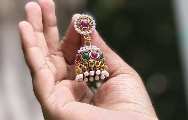 Multicolor Kundan Pearl Jhumka Earrings